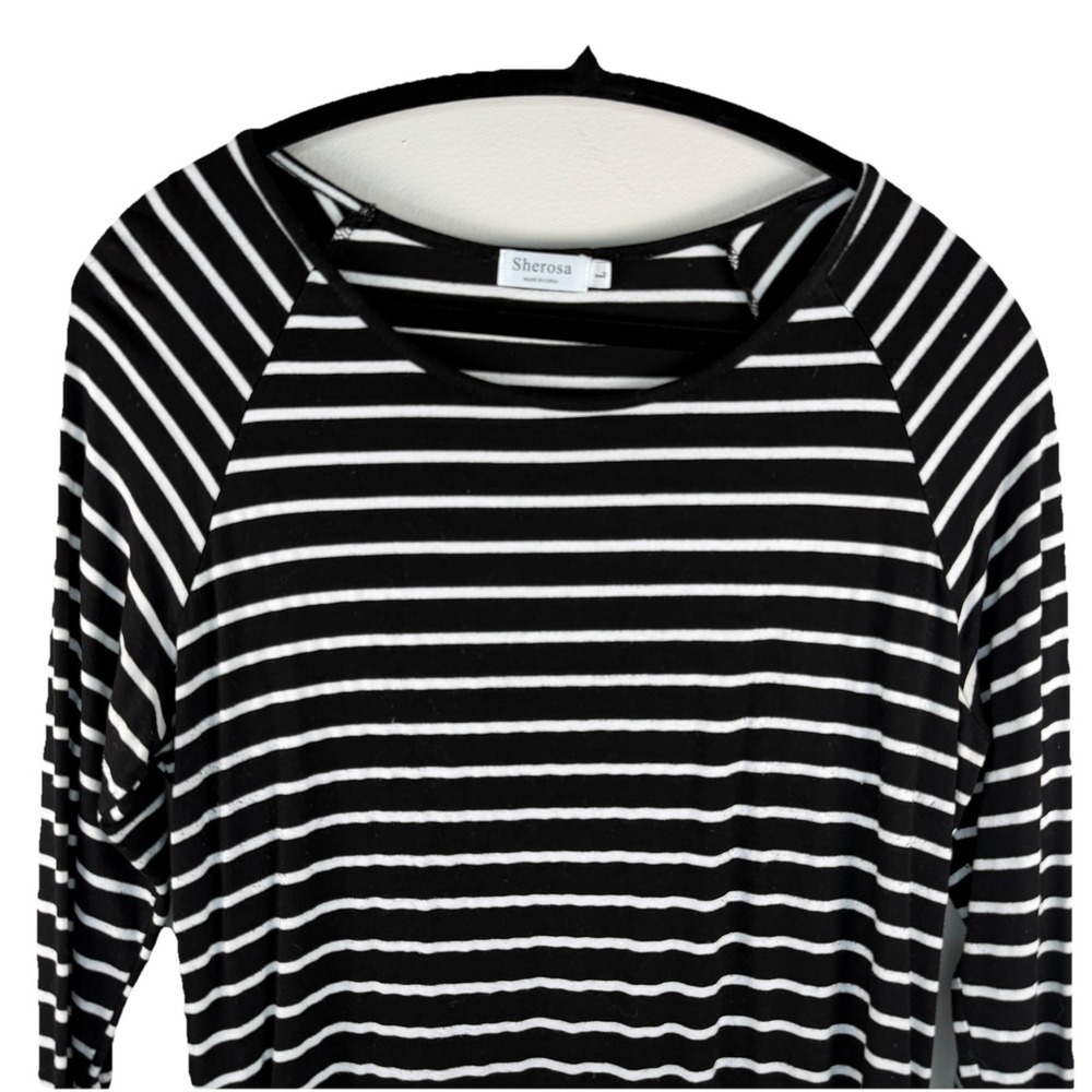 Sherosa Womens Large‎ Shirt Black White Striped Long Sleeve Raglan Ruched Sides